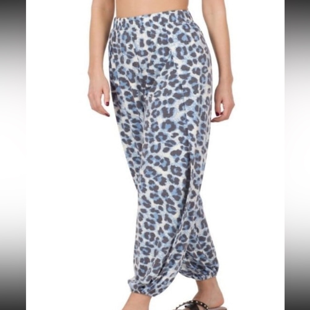 Zenana Blue Leopard Split Side Pants - image 2